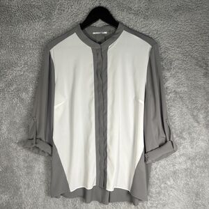 Tahari Blouse Womens L Gray White Colorblock Roll Tab‎ Sleeve Minimalist Work